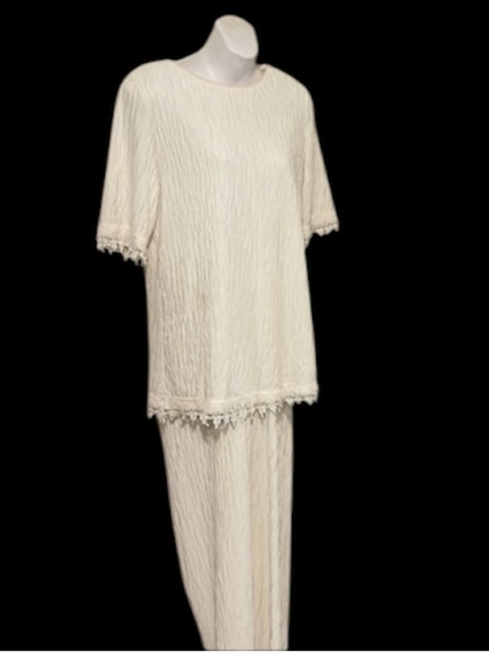 Periphery 2 Piece Cream Short Sleeve Lace Elastic Waist Crinkle Pant Suit Sz M